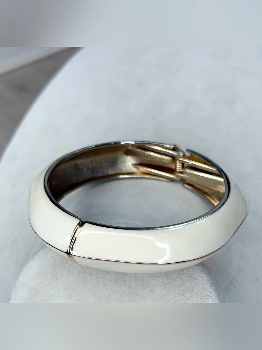 Ivory Enamel Hinged Bangle Bracelet Gold Tone Geometric 3” Statement Cuff